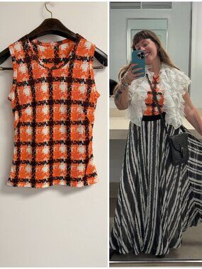 Vintage 70s Orange Windowpane Print Tank Top Small
